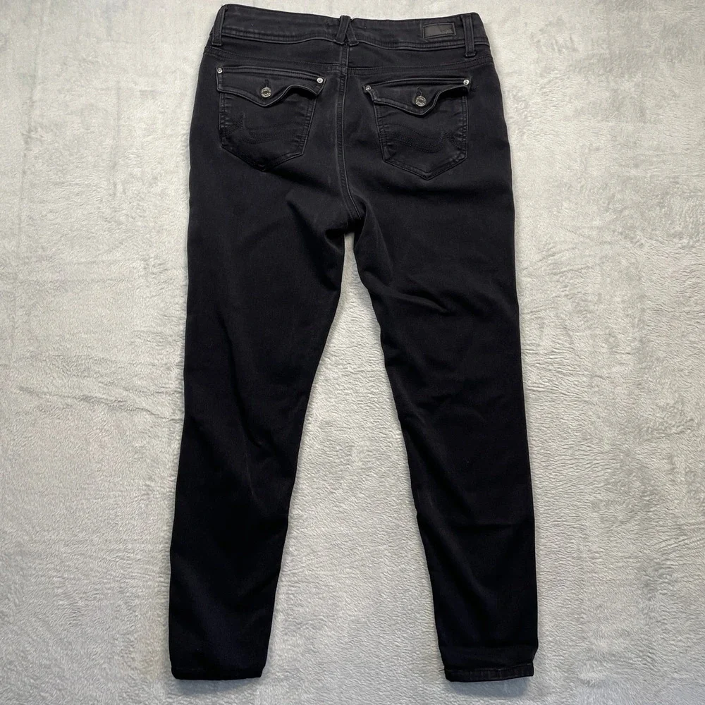 Angels Curvy Skinny Jeans Womens 10 Black Double Button Flap Pocket Stretch